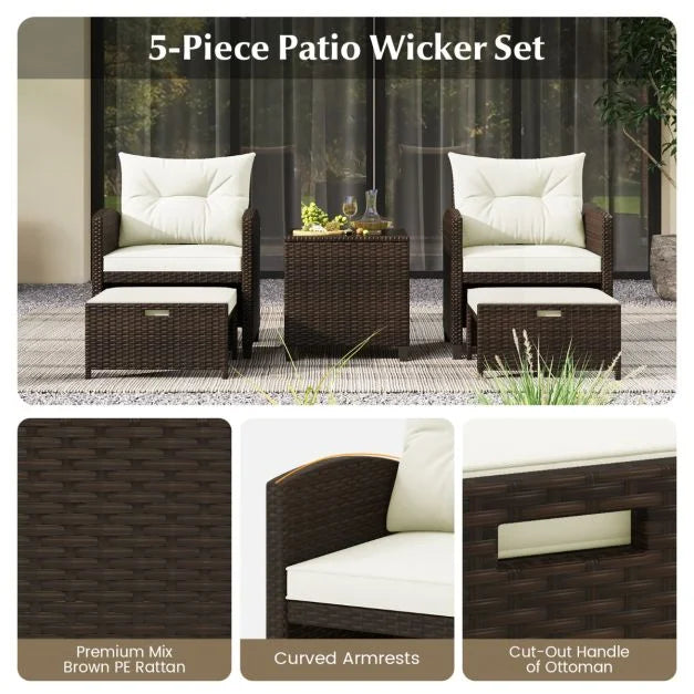 5 Piece Patio Rattan Furniture with 2 Ottomans and Tempered Glass Coffee Table