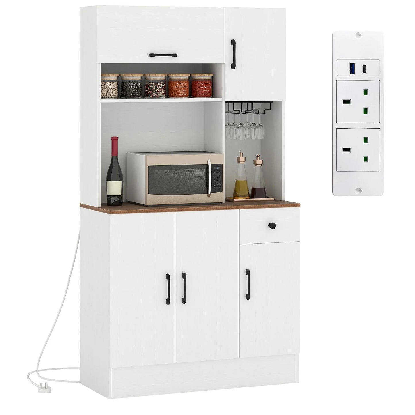 167cm Tall Pantry Cabinet with Hutch and Power Outlets