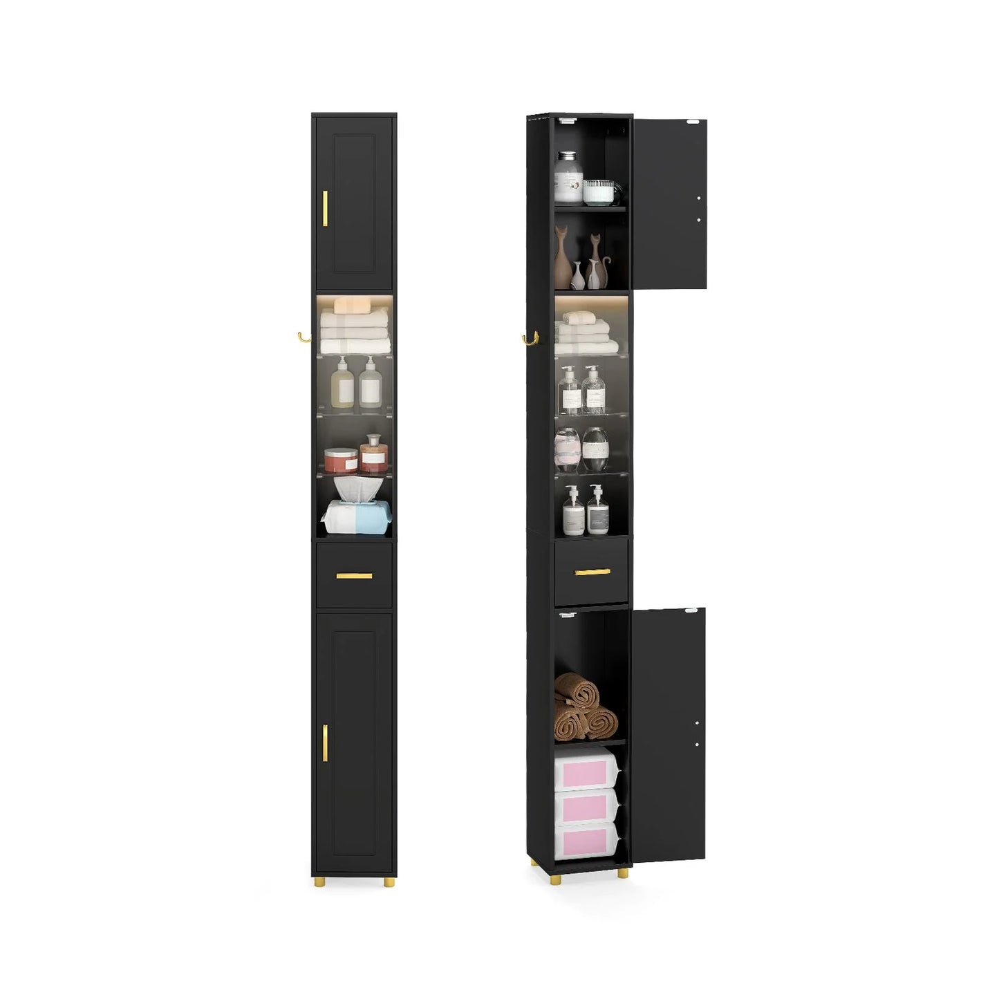 180 cm Tall Bathroom Cabinet Narrow Storage Organizer with 3 Doors and Adjustable Shelves