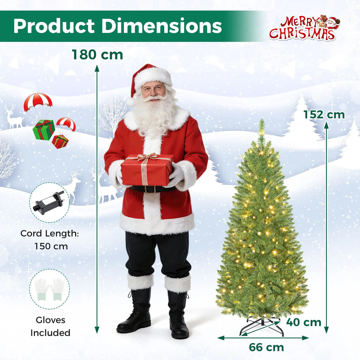 Pre-lit Slim Christmas Tree, Hinged Pencil Xmas Tree