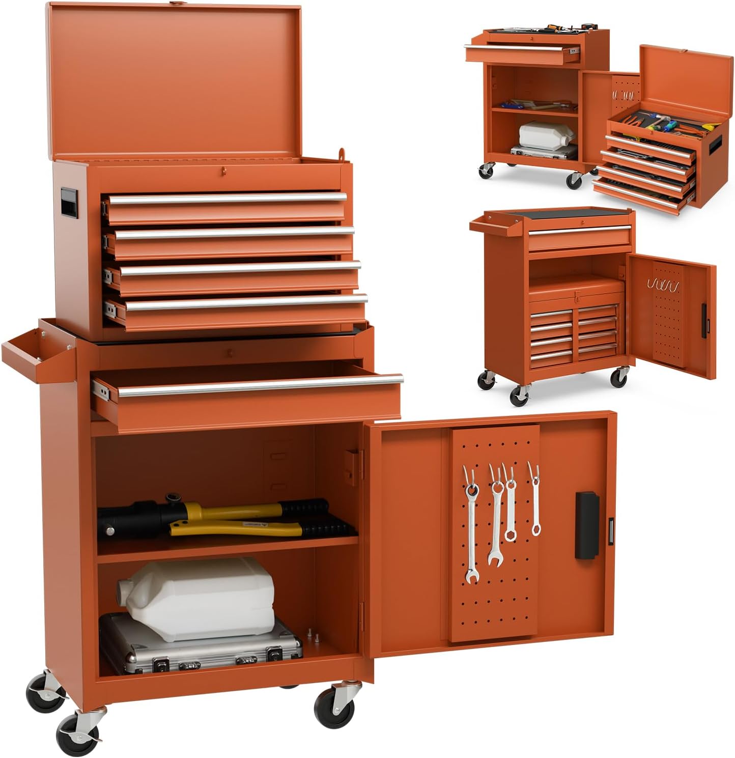 2 in 1 Lockable Metal Tool Chest with Removable Top Cabinet (with Adjustable Shelf)