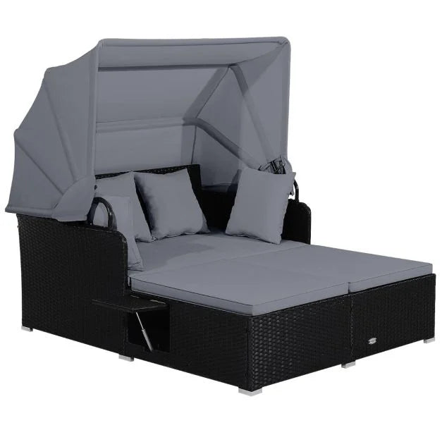 Garden Rattan Daybed with Retractable Canopy and Cushions