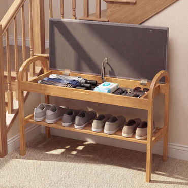 2-Tier Bamboo Shoe Bench with Storage with Padded Cushion and Shelf