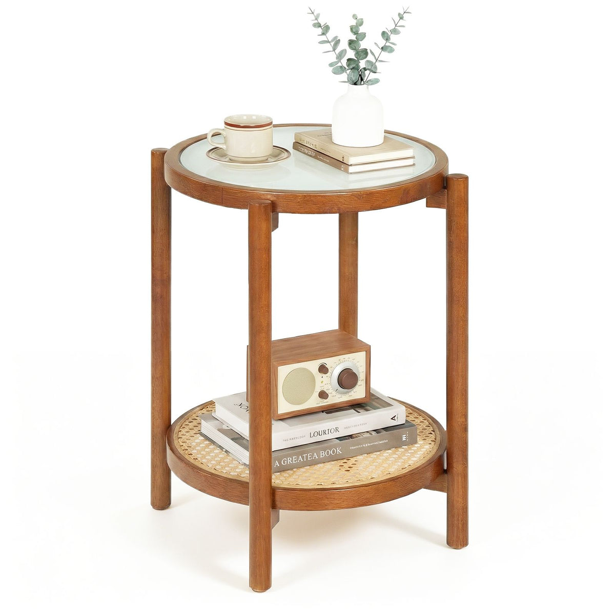 2-Tier Boho End Table with Tempered Glass Top for Living Room