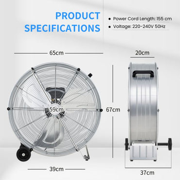 24 Inch High-Velocity Industrial Floor Fan with Wheels and Handle