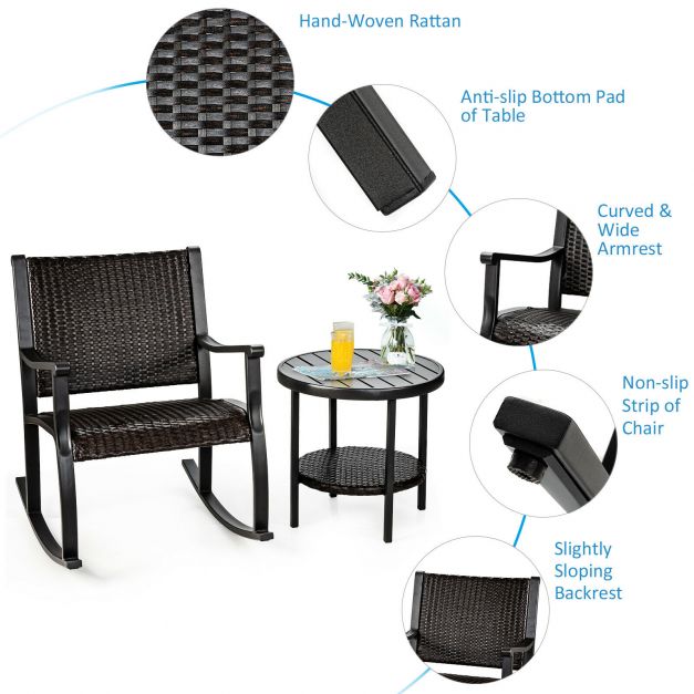 3 Piece Rocking Table Chairs Set with Coffee Table for Poolside