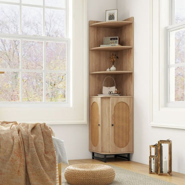 172 cm Tall PE Rattan Corner Cabinet with 2 Doors and 4 Open Shelves