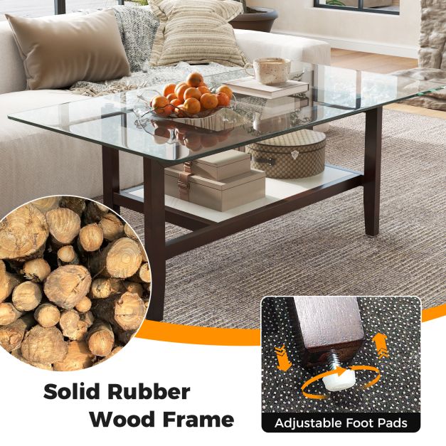 2-Tier Coffee Table with Storage Shelf and Solid Rubber Wood Legs