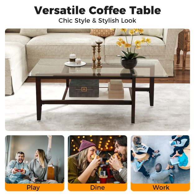 2-Tier Coffee Table with Storage Shelf and Solid Rubber Wood Legs