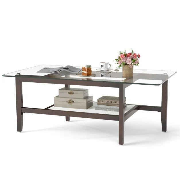 2-Tier Coffee Table with Storage Shelf and Solid Rubber Wood Legs