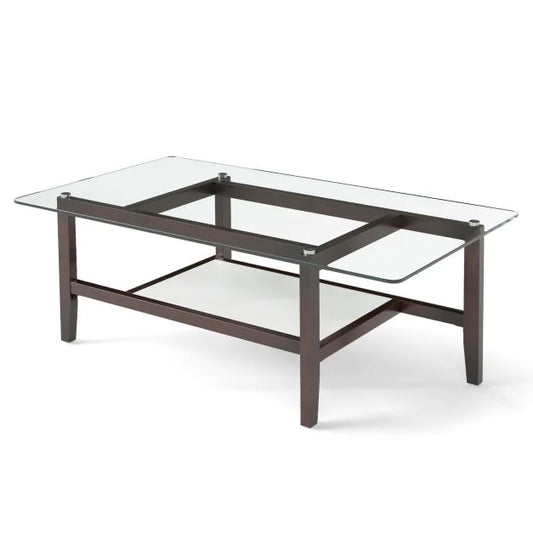 2-Tier Coffee Table with Storage Shelf and Solid Rubber Wood Legs