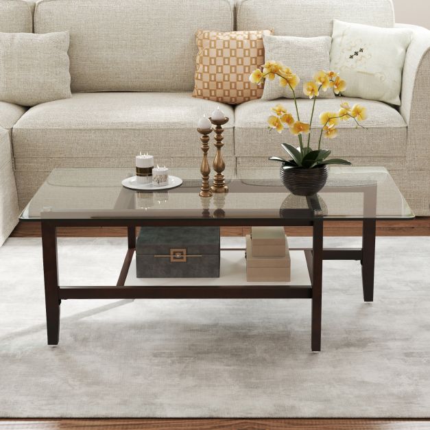 2-Tier Coffee Table with Storage Shelf and Solid Rubber Wood Legs