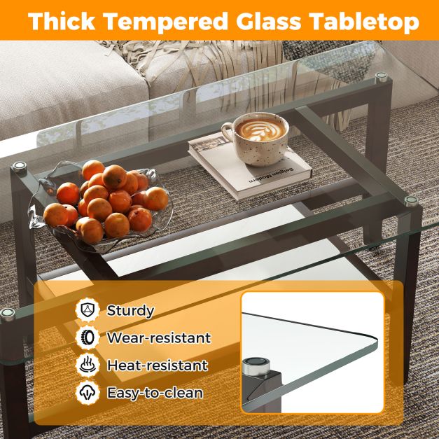 2-Tier Coffee Table with Storage Shelf and Solid Rubber Wood Legs