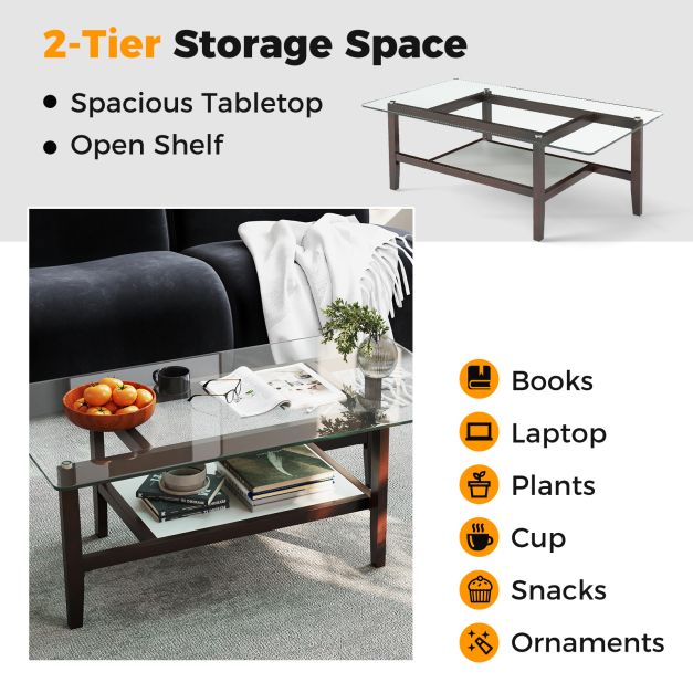 2-Tier Coffee Table with Storage Shelf and Solid Rubber Wood Legs