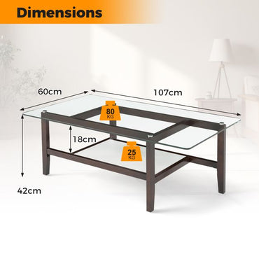 2-Tier Coffee Table with Storage Shelf and Solid Rubber Wood Legs