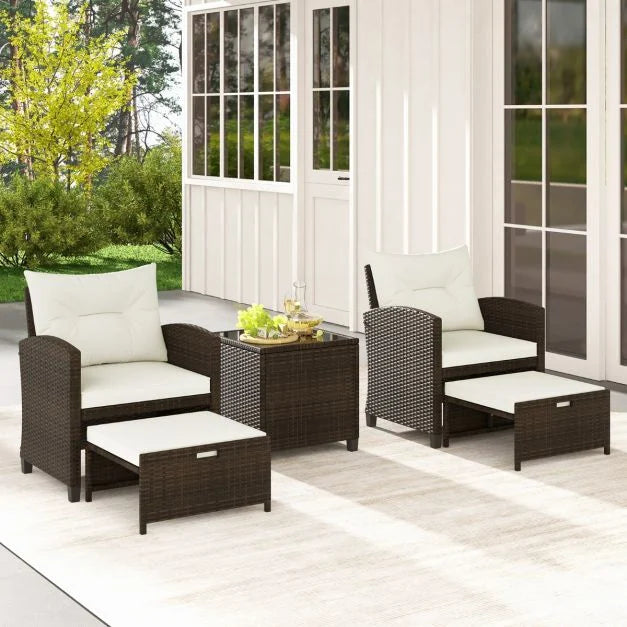 5 Piece Patio Rattan Furniture with 2 Ottomans and Tempered Glass Coffee Table
