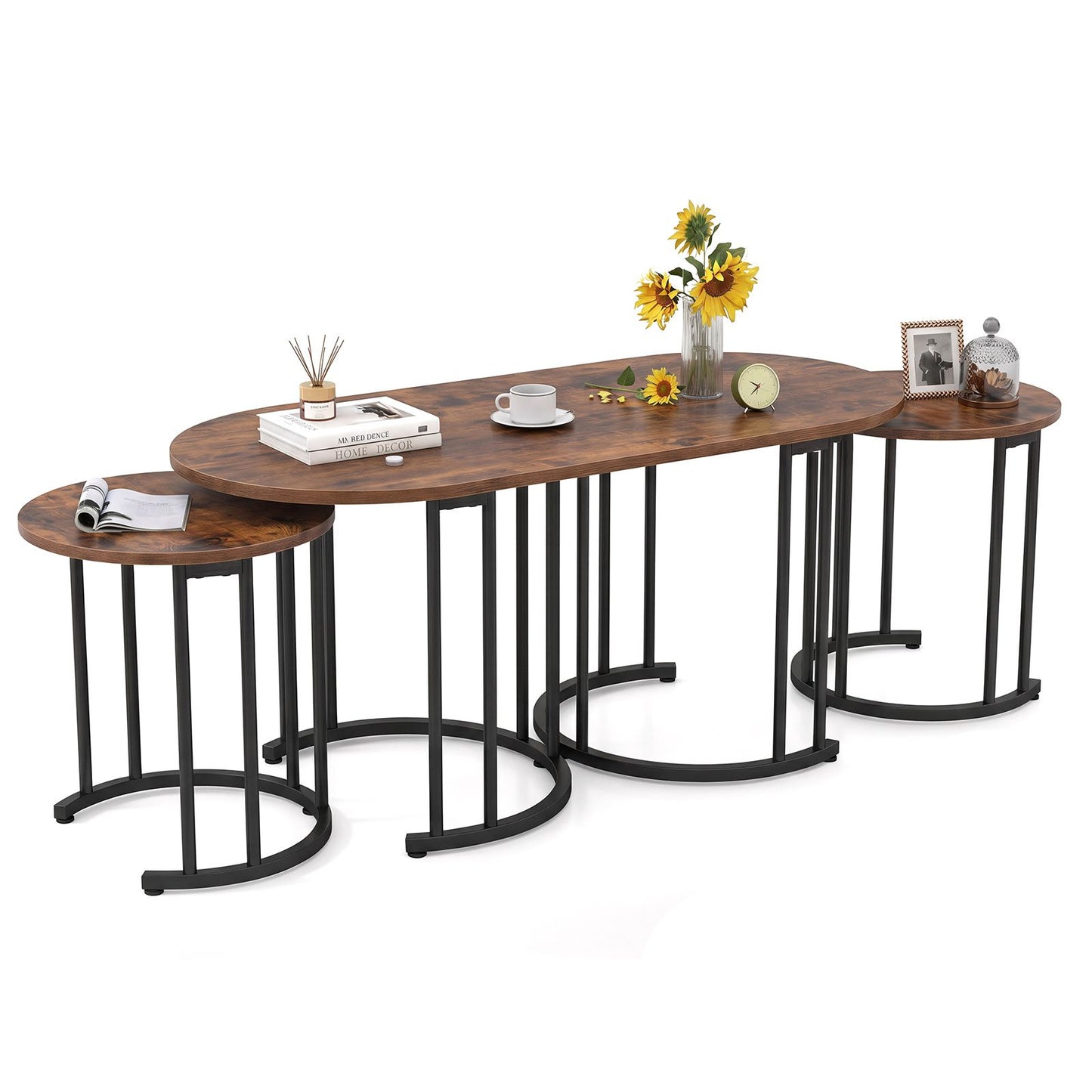 3-Piece Nesting Coffee Table Set 110cm Coffee Table with 2 Side Tables