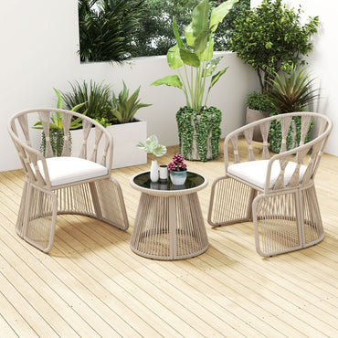 3 Piece Patio Leisure Chair Set Rope-Woven Armchairs and Table Set with Soft Seat Cushions