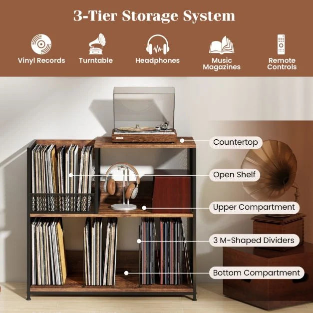 3-Tier Record Player Stand with Vinyl Storage and 3 Removable Dividers