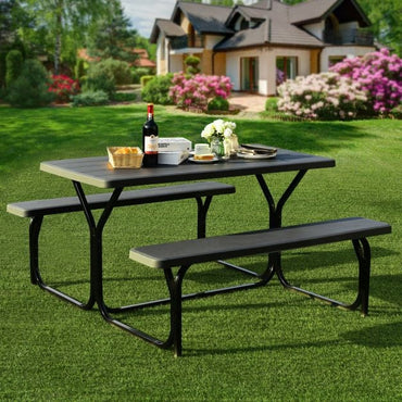 Picnic Table Bench Set with Metal Base Wood for Outdoor