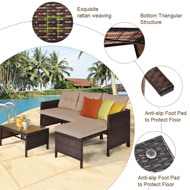3 Pieces Patio Conversation Bistro Set with Washable Couch Cushion