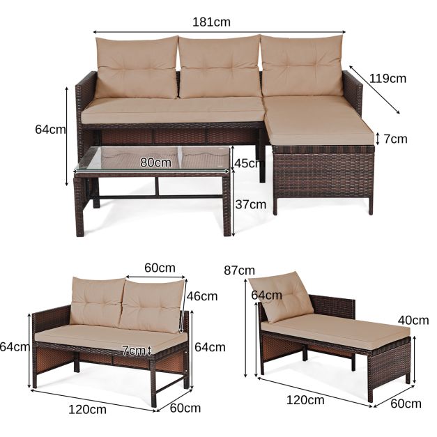 3 Pieces Patio Conversation Bistro Set with Washable Couch Cushion