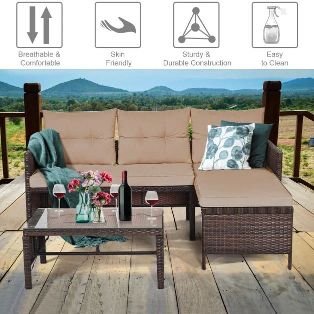 3 Pieces Patio Conversation Bistro Set with Washable Couch Cushion