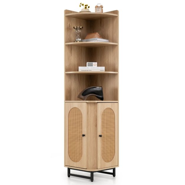 172 cm Tall PE Rattan Corner Cabinet with 2 Doors and 4 Open Shelves