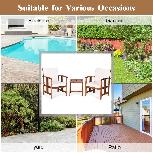 3-Piece Outdoor Acacia Wood Sofa Set with Cushions