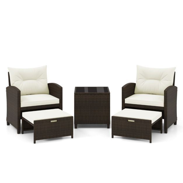 5 Piece Patio Rattan Furniture with 2 Ottomans and Tempered Glass Coffee Table