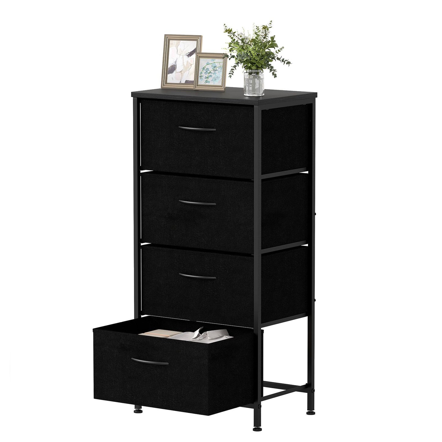 4 Drawers Dresser Fabric Storage Tower with Wooden Top for Entryway Living Room and Closet