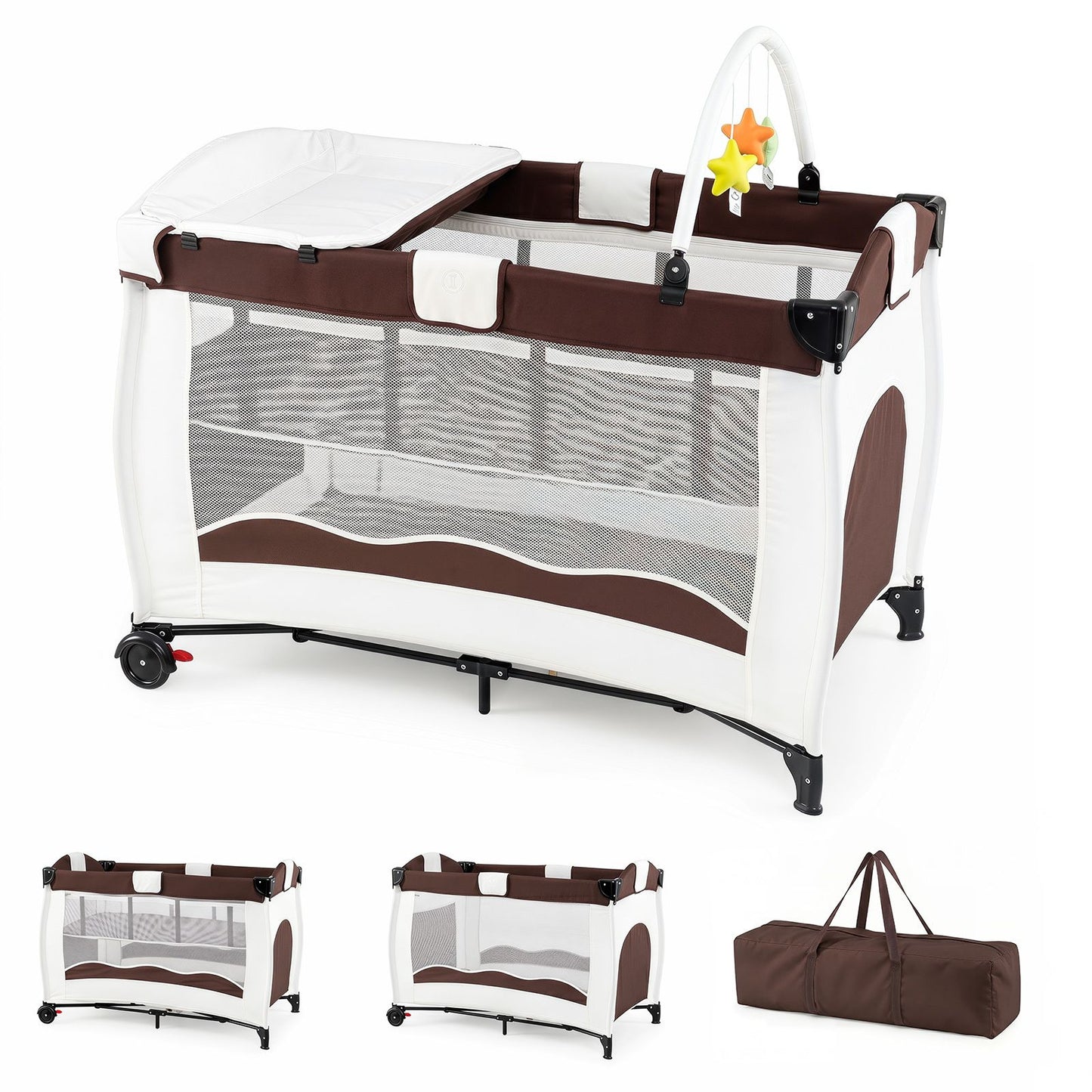 4 in 1 Pack and Play Foldable and Portable Baby Playard with Diaper Changing Table and 3 Hanging Toys