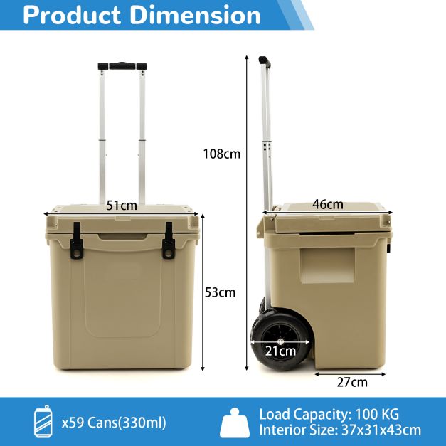 43L Cooler Towable Ice Chest with All-Terrain Wheels Leak-Proof