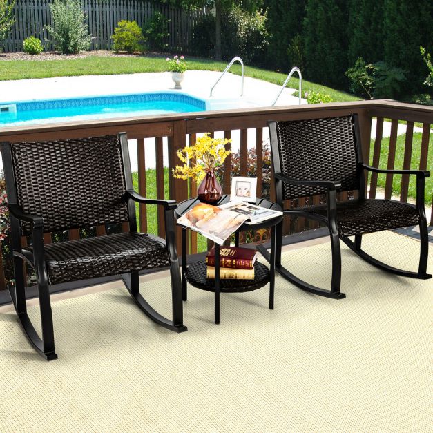 3 Piece Rocking Table Chairs Set with Coffee Table for Poolside