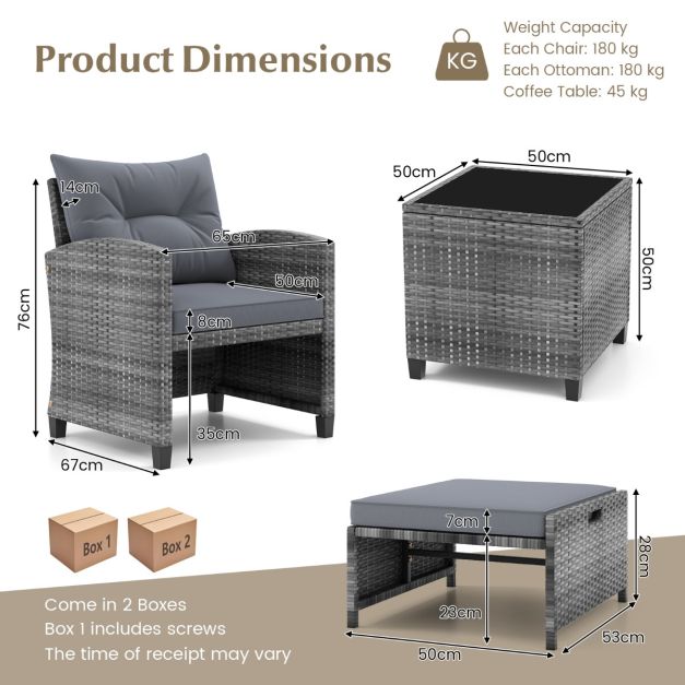 5 Piece Wicker Patio Furniture Set with 2 Cushioned Chairs and 2 Ottomans