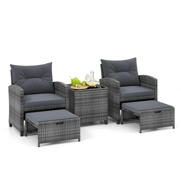 5 Piece Wicker Patio Furniture Set with 2 Cushioned Chairs and 2 Ottomans
