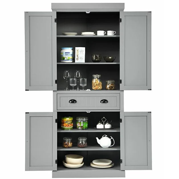 4-Door Tall Kitchen Cupboard Adjustable Shelves and Drawer