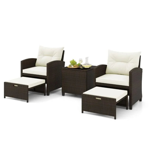 5 Piece Patio Rattan Furniture with 2 Ottomans and Tempered Glass Coffee Table