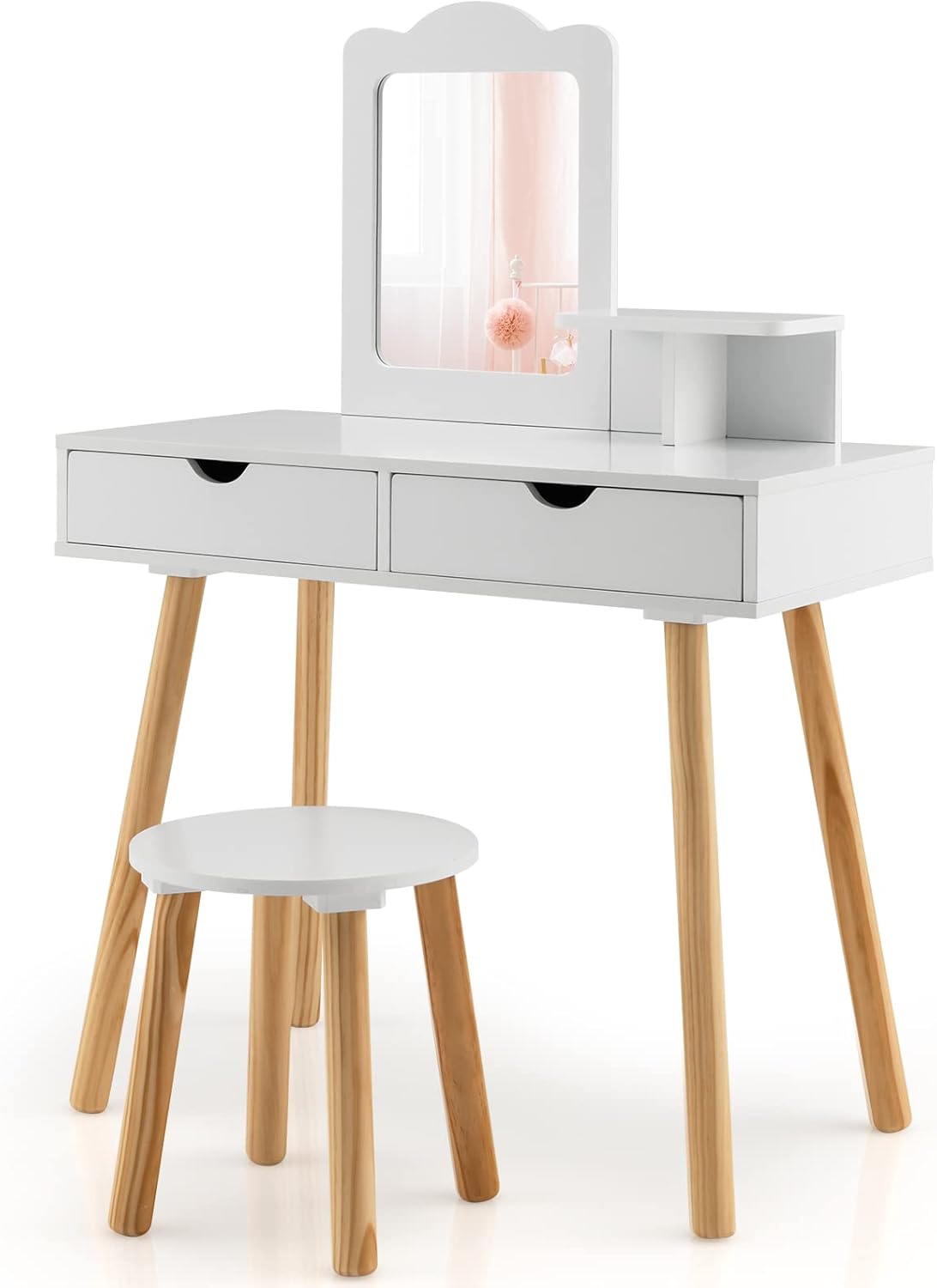 Kids Vanity Table and Stool Set with Square Mirror and Storage Shelf
