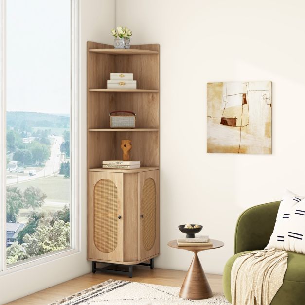 172 cm Tall PE Rattan Corner Cabinet with 2 Doors and 4 Open Shelves