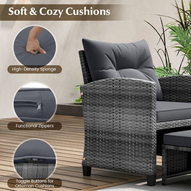 5 Piece Wicker Patio Furniture Set with 2 Cushioned Chairs and 2 Ottomans