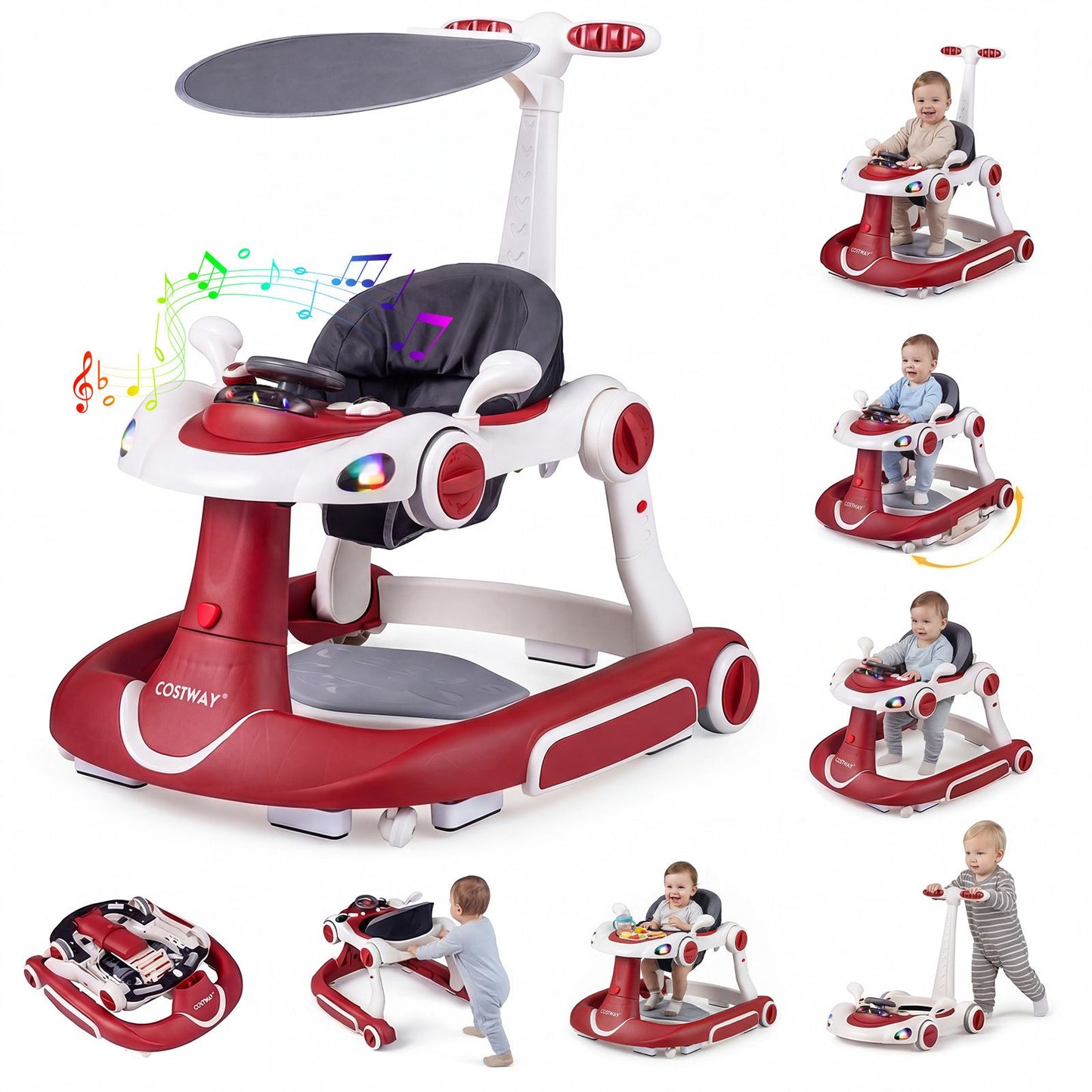 6-in-1 Baby Walker Toddler Push Car with Canopy and Wheels