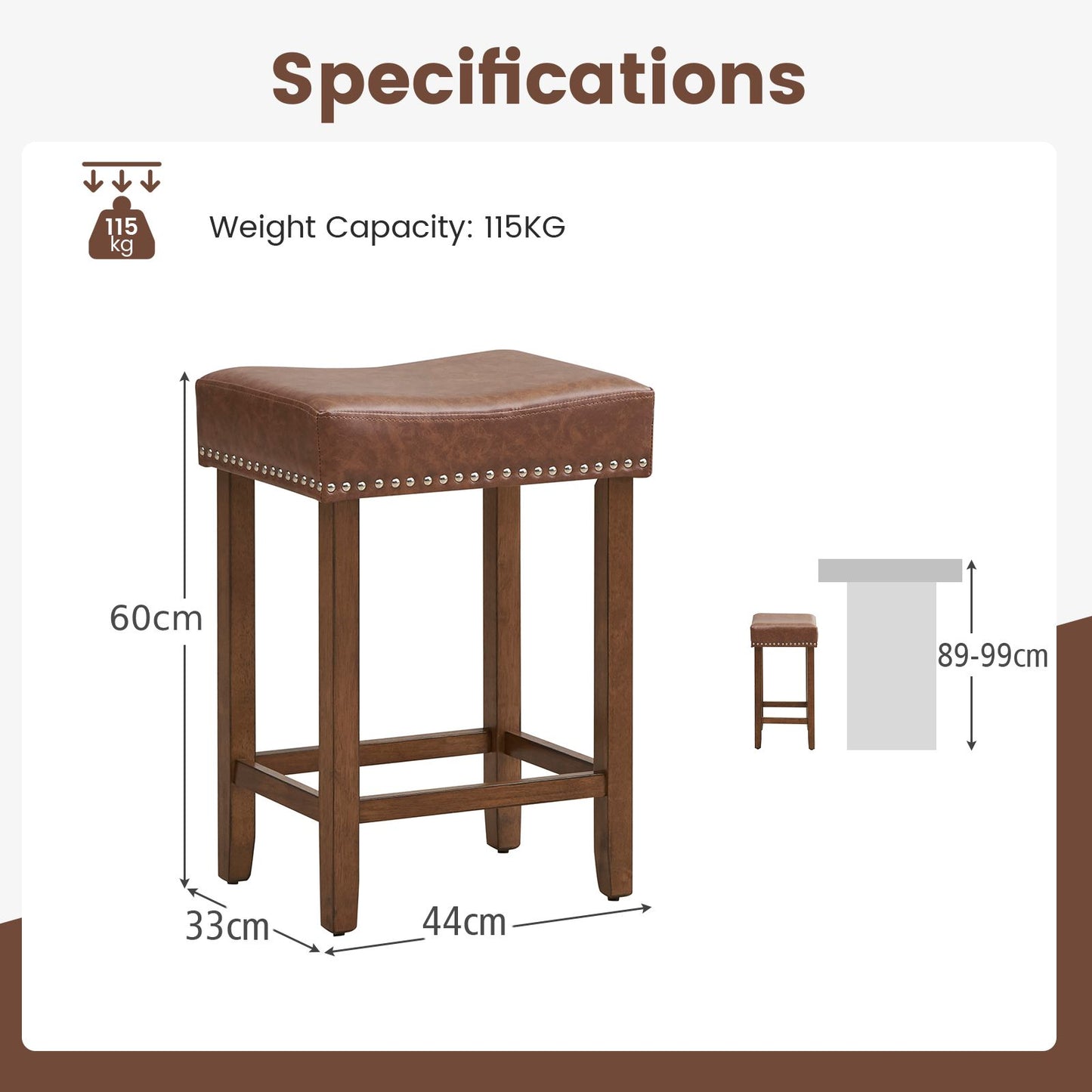 GiantexUK Bar Stools Set of 2, PU Leather Kitchen Saddle Stools with Rubber Wood Legs, Footrests & Non-Slip Foot Pad