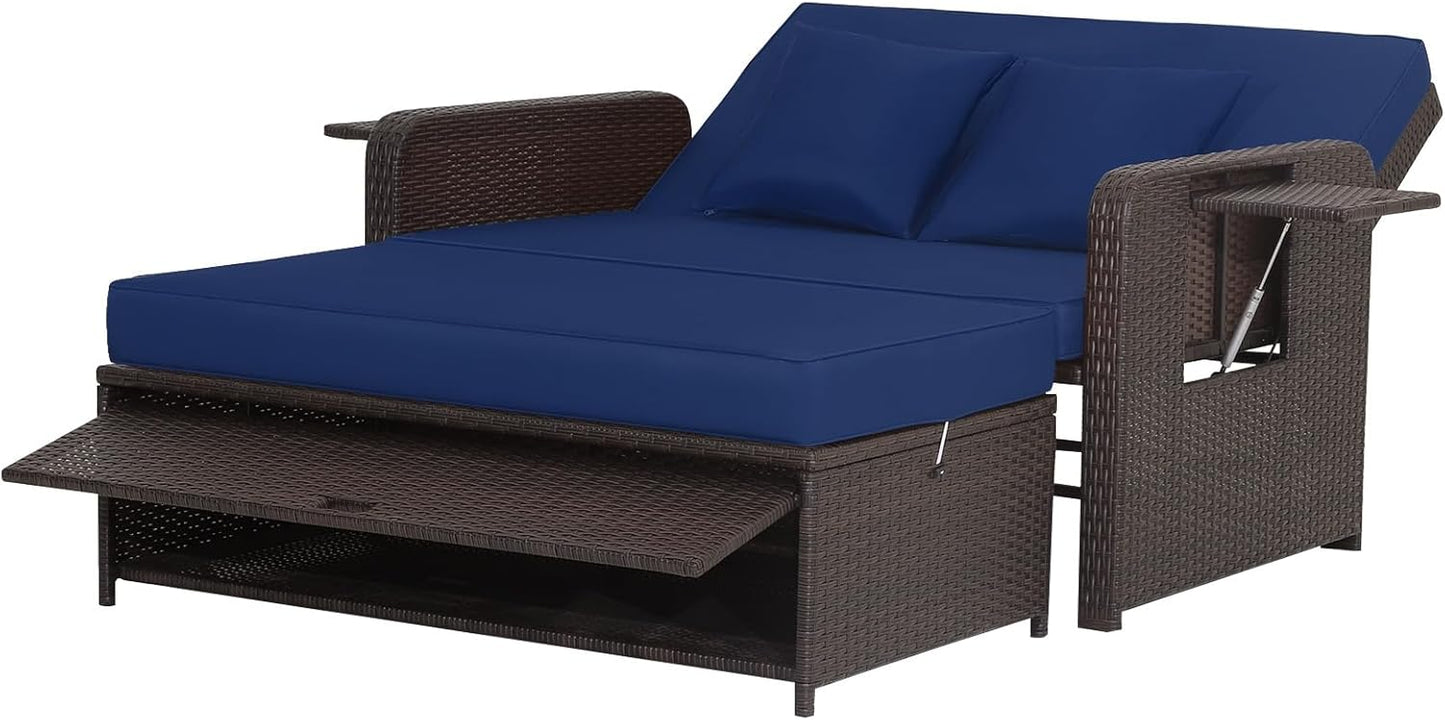 4-Level Adjustable Patio Wicker Loveseat Sofa Bed Sun Lounger with Storage Ottoman