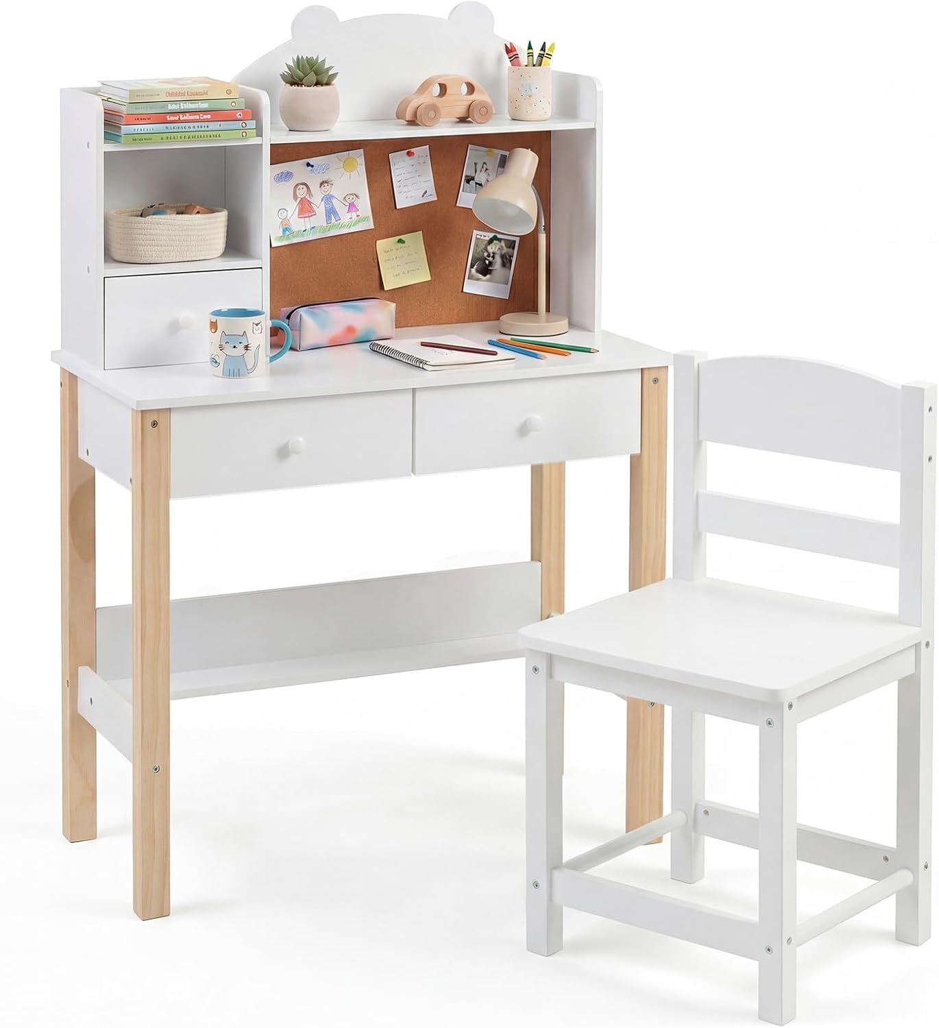 Kids Desk and Chair Set, Wooden Student Study Table with Drawers