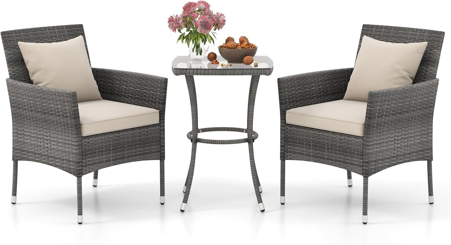 3-Piece PE Rattan Furniture Set with 2 Cushioned Chairs and Tempered Glass Table