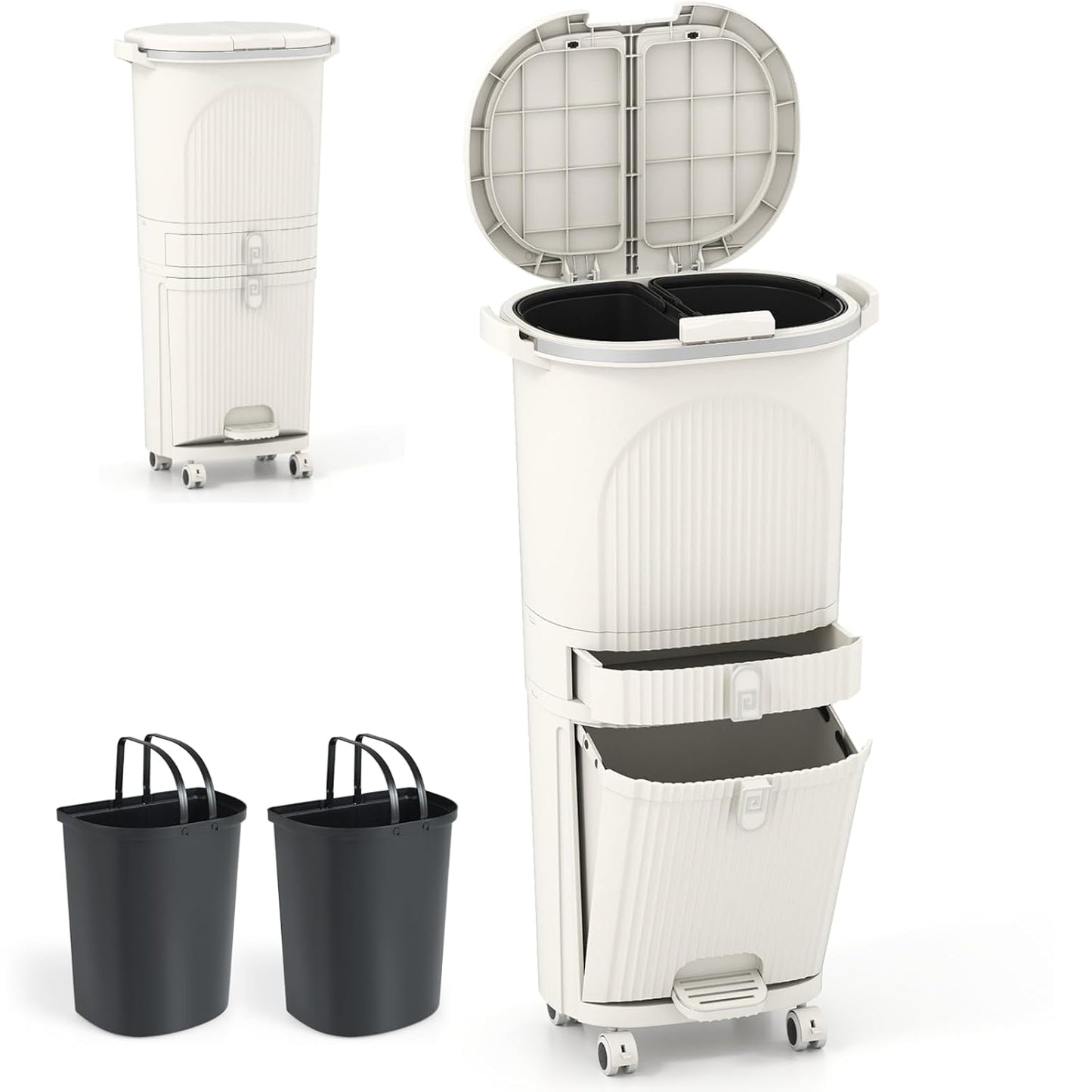 Recycling Bins, 42L Trash Can Garbage Bin with 3 Compartments