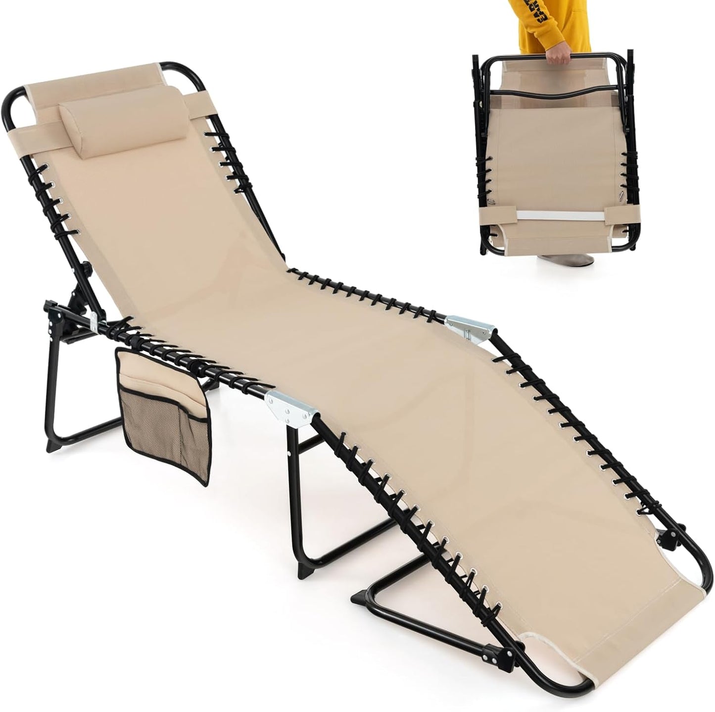 4-Level Adjustable Garden Reclining Chaise Lounge Chair Sunbed with Pillow & Side Pocket