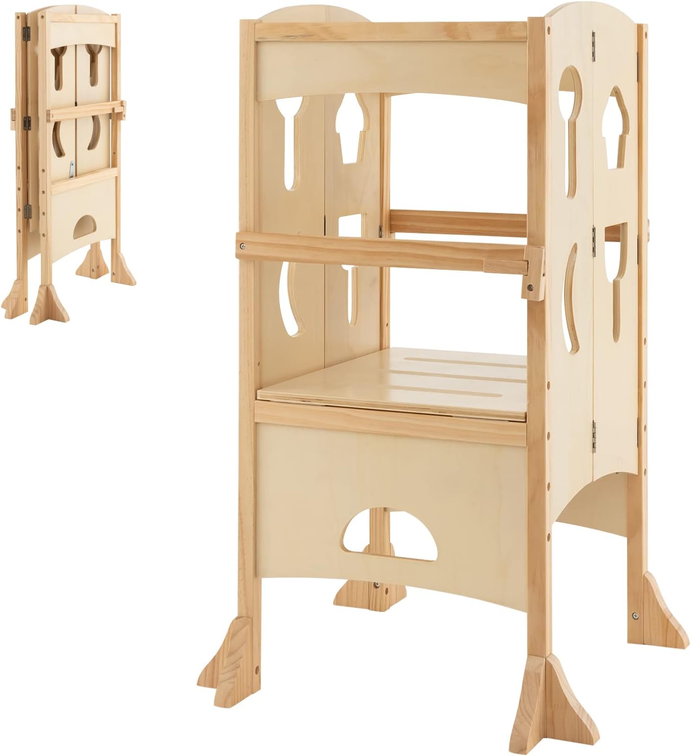 Height Adjustable Toddler Kitchen Helper with Safety Latches and Protective Rail