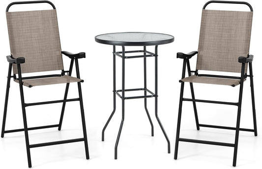GiantexUK 3 Piece Bistro Set, Garden Dining Furniture Set with Round Bar Table and 2 Folding Chairs